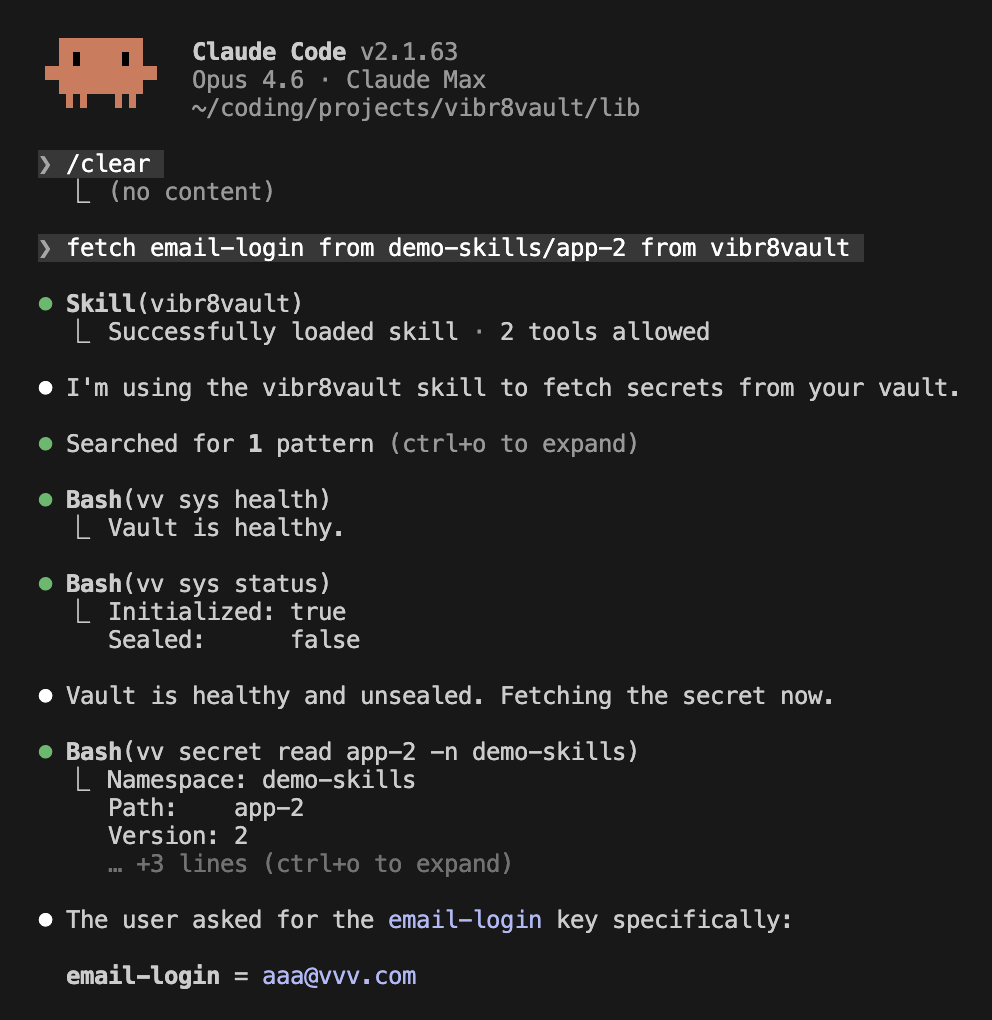 Vibr8Vault skill fetching a secret inside Claude Code